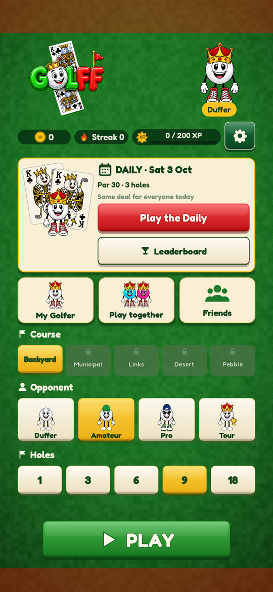 Home: today's Daily, courses, opponents and holes